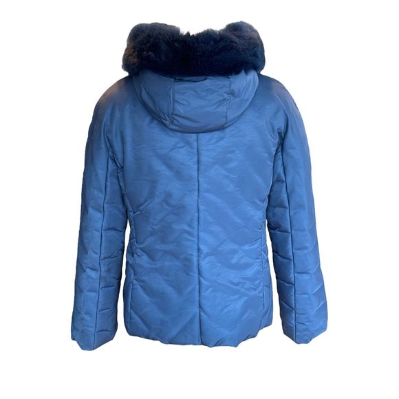 1 Madison Women L Blue 3/4 Length Detachable Fox Fur Trim Hood Zip Puffer Jacket - Picture 4 of 7